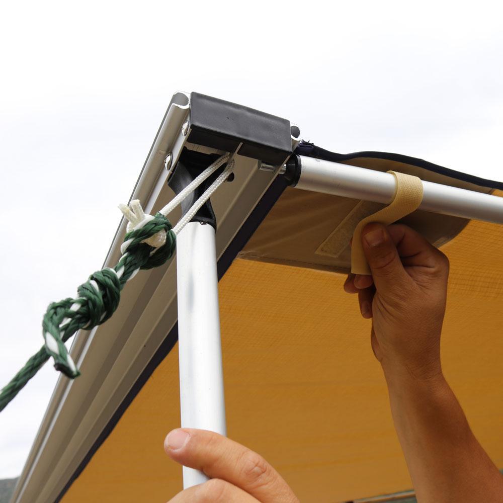 4 qty velcro support loops per pole Reflective guide ropes for additional lateral support Tested to withstand severe winds/weather (while using guide ropes) All aluminum frame