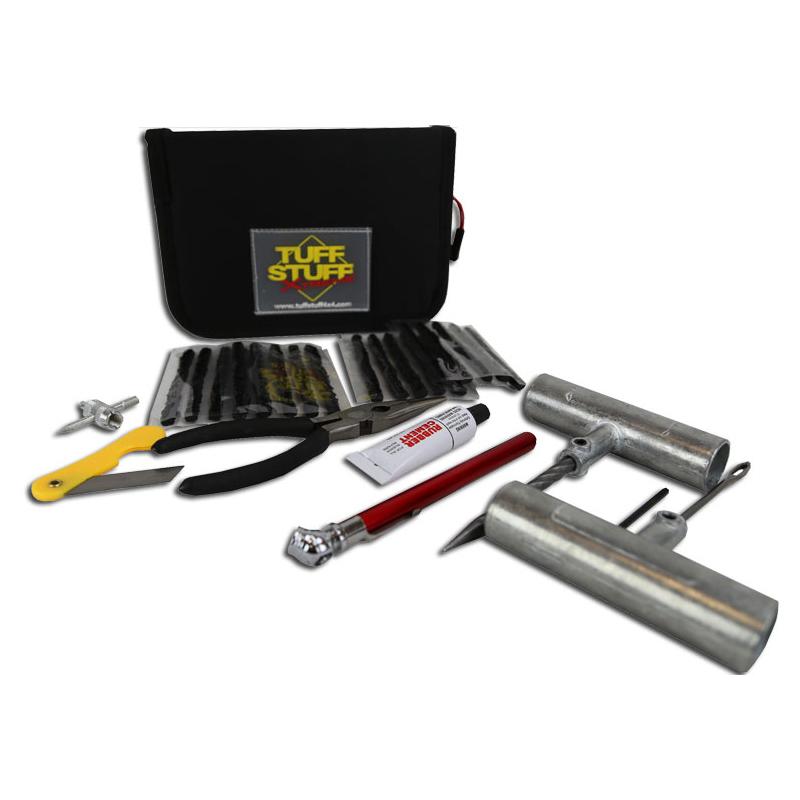 Compact carrying case 20 vulcanizing tire plugs Heavy Duty reaming tool Heavy duty plug tool Rubber cement lubricating tube Folding razor blade for removing excess Tire pressure gauge 2X Tire patches for interior sidewall punctures 2X spare valve stems Needle nose pliers with wire cutters