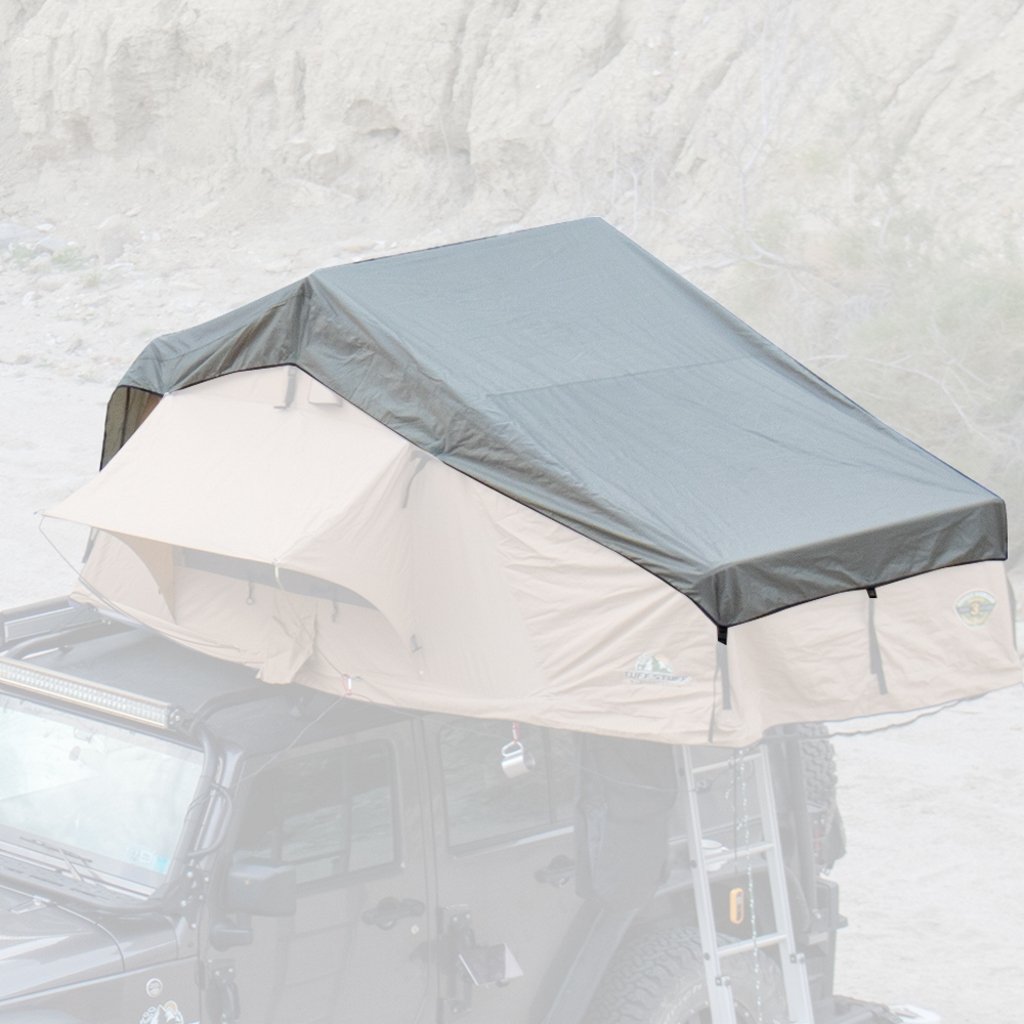 This is a replacement rainfly for the Tuff Stuff Overland rooftop tent. Designed to securely fasten to your Ranger, Delta or Elite rooftop tent, our rainfly will keep the rain from building up on top of your canvas tent fabric.  Includes the buckles to secure to the tent and is specifically made to fit your model Tuff Stuff Overland tent