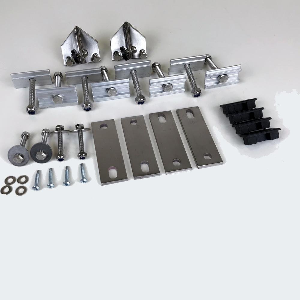 ALL T304 STAINLESS HARDWARE 4X LOWER PLATES 8X MOUNTING BOLTS (M8) 8X NUTS (M8) 2X LADDER PIVOT BRACKETS 2X LADDER MOUNTING BRACKETS 4X PLASTIC MOUNTING RAIL PLUGS
